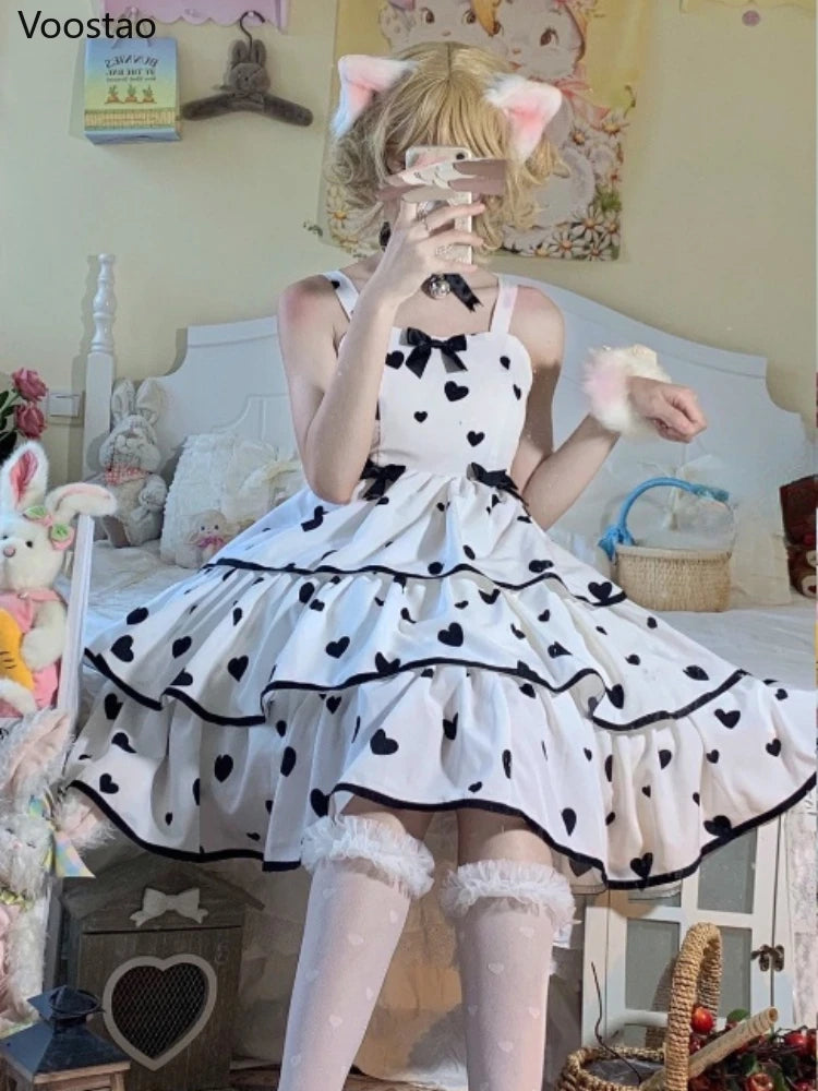Summer Sweet Lolita Style Princess Dress Women Chic M-3XL Dresses Japanese Kawaii Girl Cosplay Bow Hearts Print Tiered Vestidos