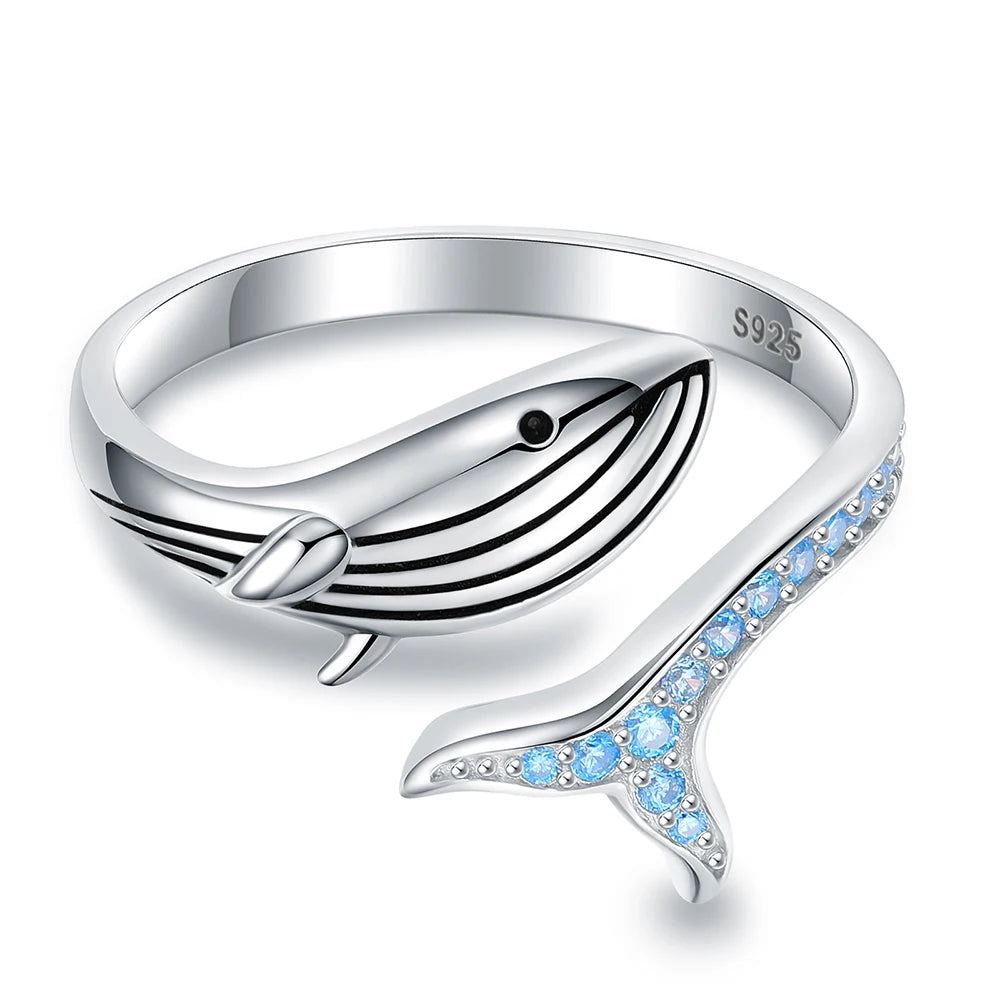 925 Sterling Silver Whale Adjustable Finger Cute Sea Animals Fish Open Ring Birthday Christmas Jewelry Gift for Women Teen Girls