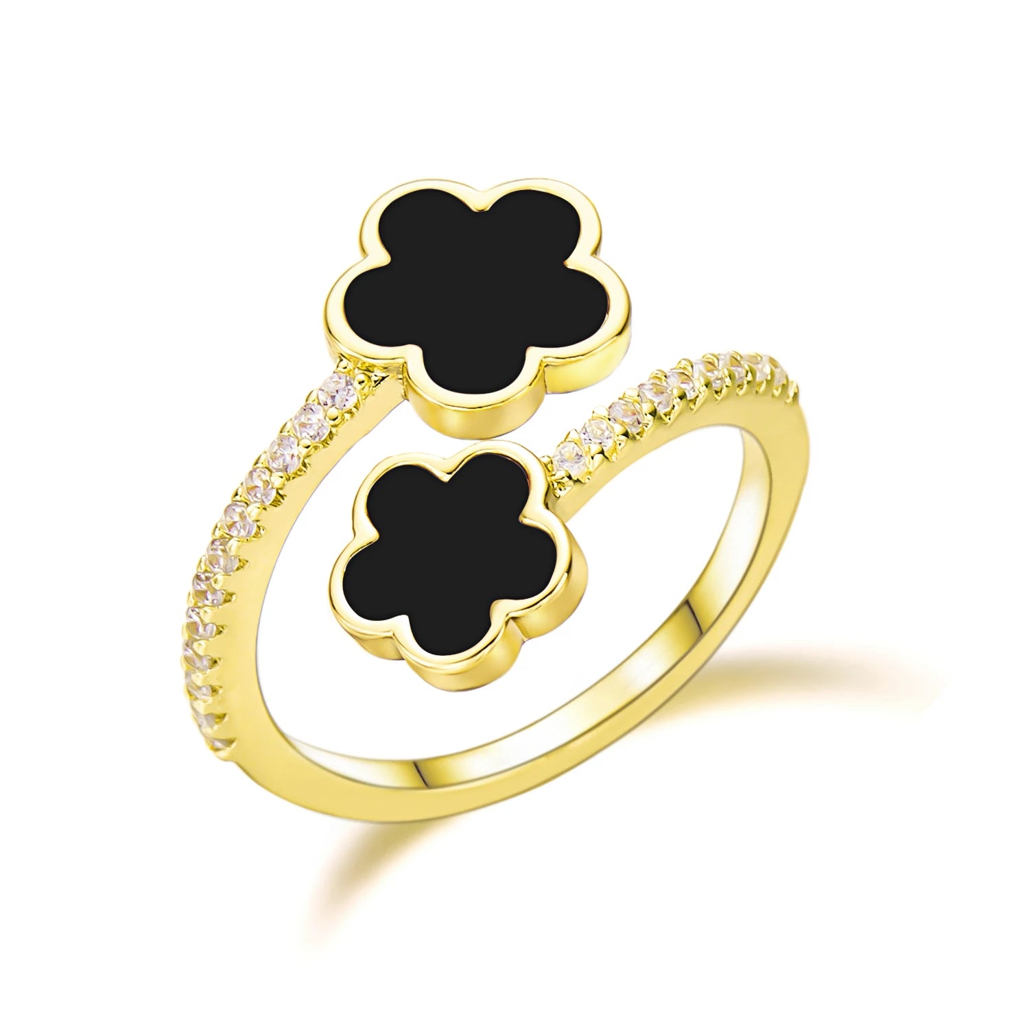New Elegant Lucky Five Leaf Flower Ring For Women Micro Inlaid Zircon Flowers Adjustable Opening Finger Ring Romantic Jewelry