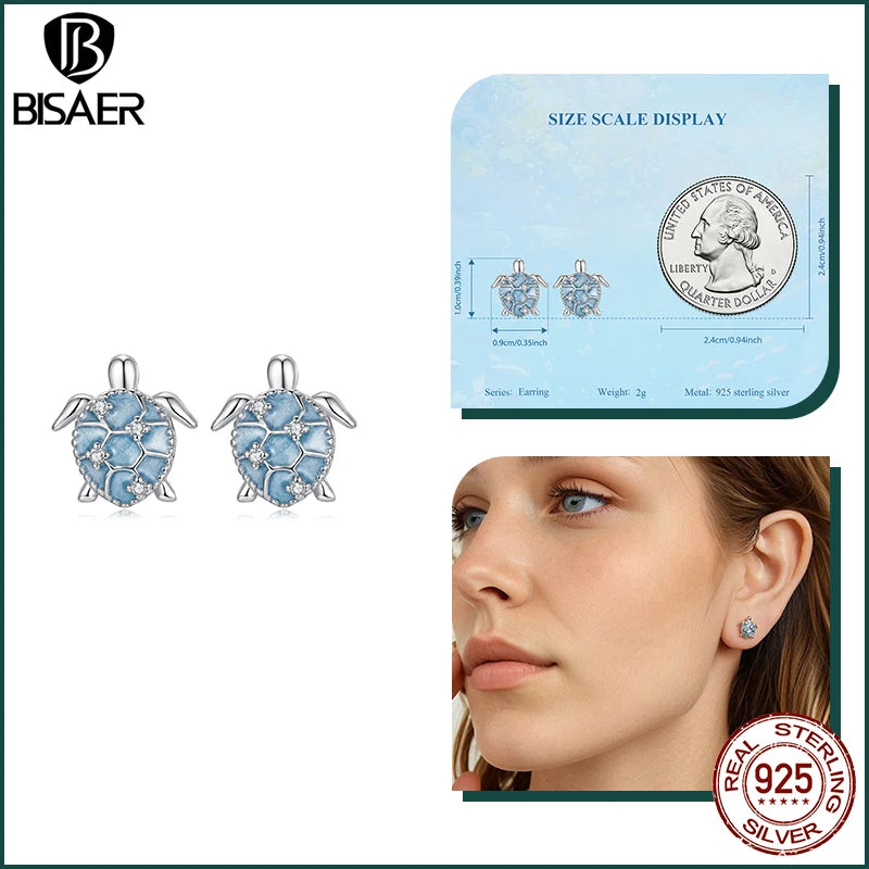 BISAER 925 Sterling Silver Turtle Stud Earrings Ice Cream Starfish Mermaid Hoop Earrings for Party Fine Jewelry Holiday Gift