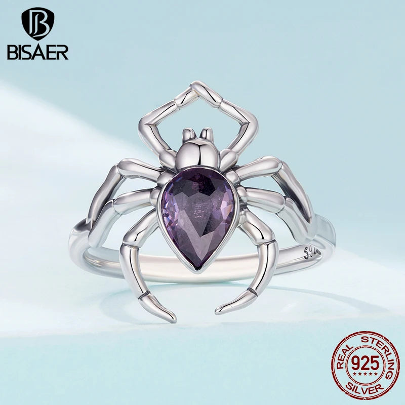 BISAER 925 Sterling Silver Spider Ring Purple Zircon Statement Band for Woman Party Original Fine Jewelry ECR1158
