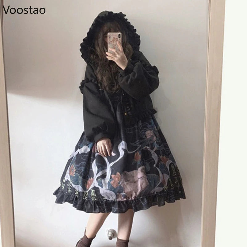 Sweet Lolita Women Jacket Japanese Kawaii Hooded Ruffles Coat Vintage Autumn Winter Tops Warm Outwear Japanese Fashion Jackets