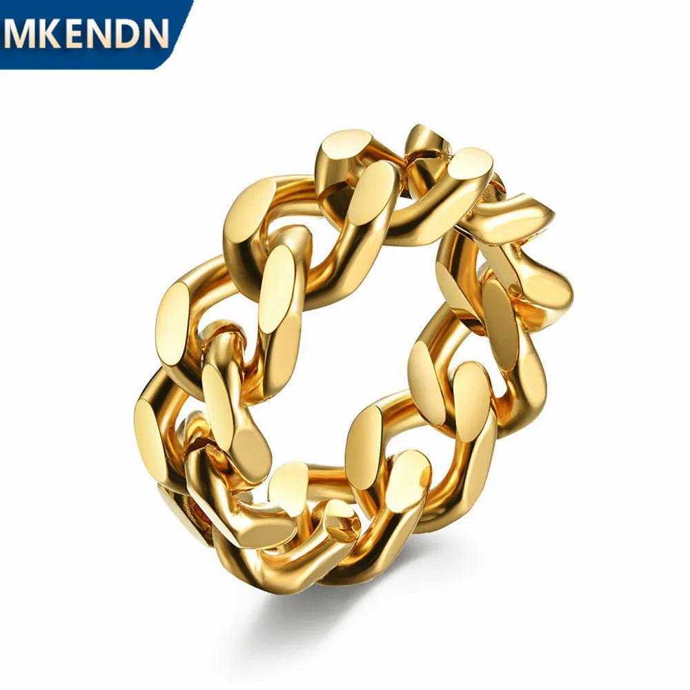 MKENDN Kubanischer Gliederkettenring für Herren, Edelstahl, Kreativer Punk-Rock-Gliederkettenring für Männer, Trendiger Motorradkettenschmuck