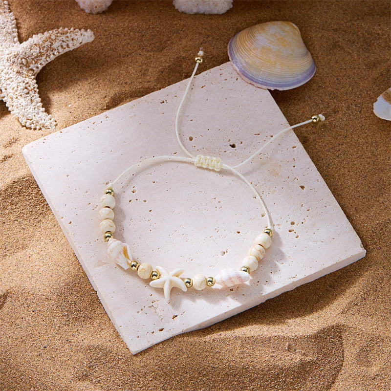 Bohemian Starfish Conch Shell Beads Bracelet For Women Girls Summer Beach Party Rice Bead Adjustable Bangle Friendship Jewelry
