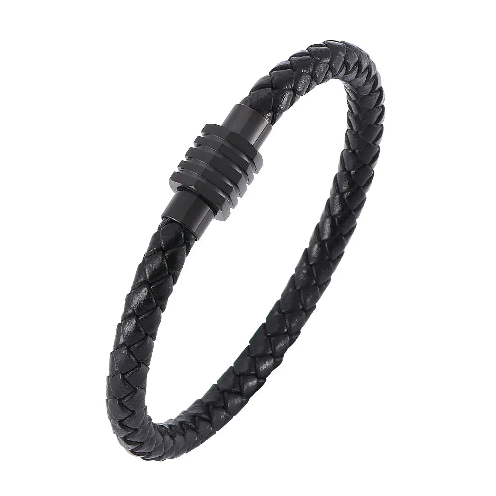 MKENDN Fashion Punk Men Jewelry Black Braided Leather Bracelet Stainless Steel Magnetic Clasp Fashion Bangles Gift