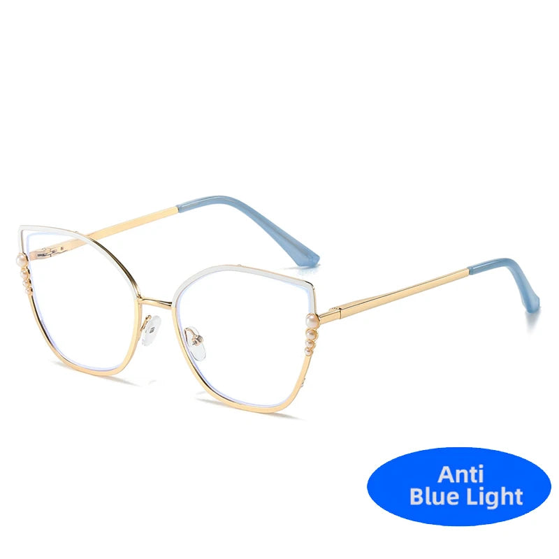 High Quality Metal Computer Glasses Frame Women Men Anti Blue Light Pearl Cat Eye Eyewear Blocking Optical Spectacle Eyeglass