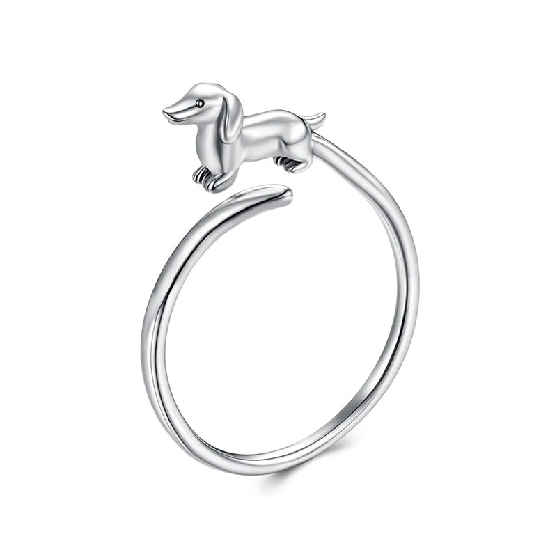 WOSTU 925 Sterling Silver 3D Dachshund Dog Cat Open Ring Women Cut Pet Paw Adjustable Rings Fine Jewelry Animal Lover Girl Gifts