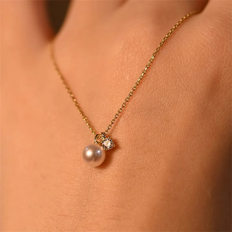925 Sterling Silver Plating 14K Gold Shell Pearl Zircon Pendant Necklace for Women Simple French Wedding Jewelry Accessorie