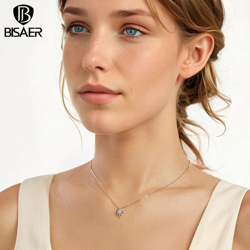 Collier BISAER en argent sterling 925, plaqué or blanc, avec pendentif cocotier et opale. Bijou de mariage raffiné pour femme (ECN537).