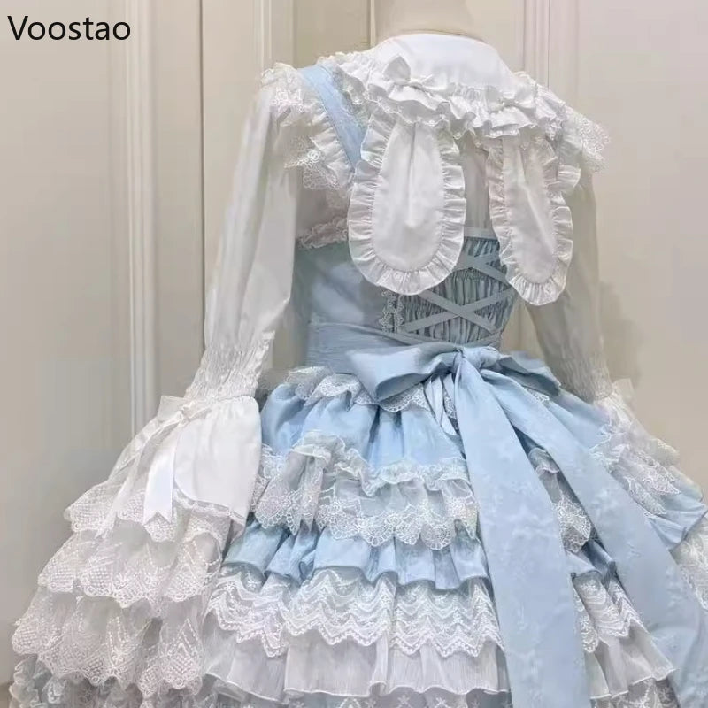 Japanese Sweet Lolita Style Blouses Women Cute Lace Peter Pan Collar Bow Flare Long Sleeve Gothic Shirts Female Kawaii Y2k Tops