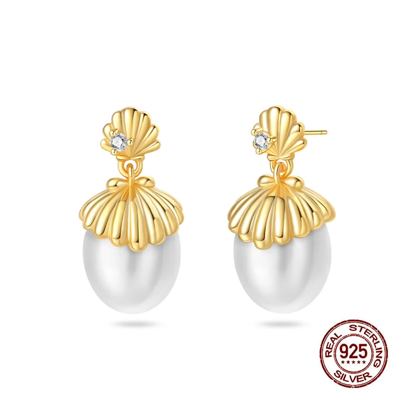 New Pearl Earrings 925 Silver Stars Moons Butterfly Sea Shell Golden Hoop Earrings Ear Stud For Women Engagement Luxury Jewelry