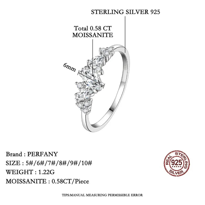 PERFANY 0.58CT Marquise Cut Moissanite Women's Ring S925 Pure Silver Laboratory Cultivated Diamond Fashion Design Jewelry - Madeinsea©