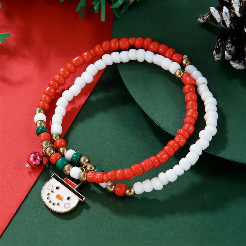 Handmade Rice Beads Christmas Bracelet for Women Santa Claus Snowman Xmas Tree Elk Pendant Bracelets New Year Party Jewelry Gift