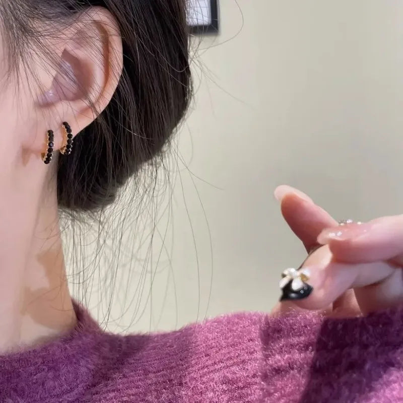 Genuine 925 Sterling Silver Personality Temperament Inlay Black Zircon Geometry Earrings For Women Sterling Silver Jewelry