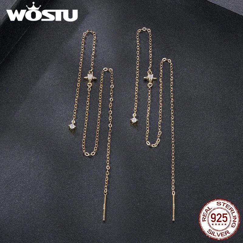 WOSTU Moissanite Star Long Dangle Earrings Chain for Women, 925 Silver Teens Line Dangle Earring Tassel Threader Chain Pendiant