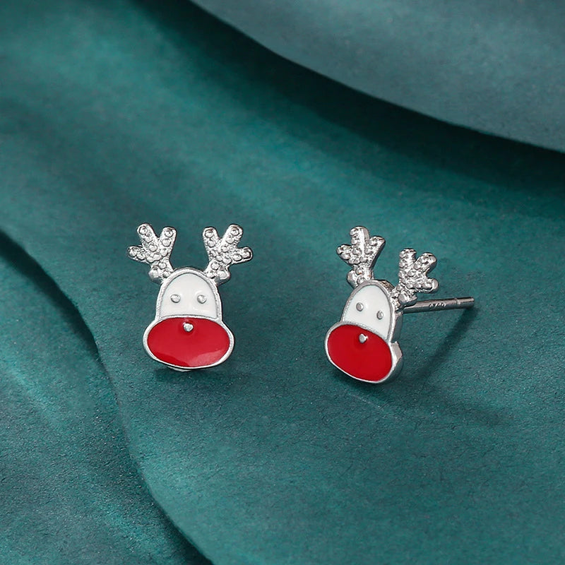 Exquisite Inlaid Zircon Christmas Small Stud Earrings For Women Red Elk Snowflake Xmas Tree Snowman Asymmetrical Earring Jewelry