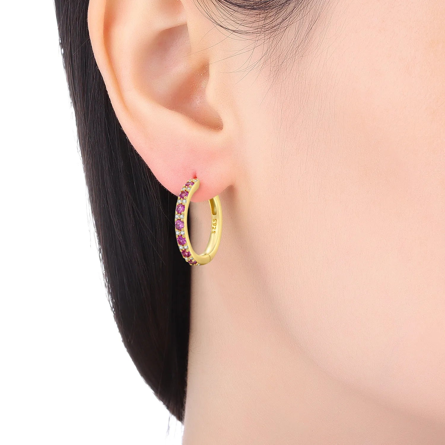 PANPOKI S925 Sterling Silver Rose Pink Zircon Design Earrings Versatile Hoop Earrings For Women Jewelry Original Party Gifts