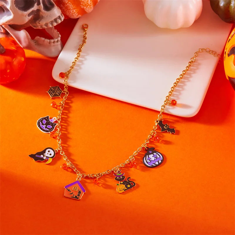 Gothic Punk Halloween Metal Chain Necklace For Women Men Vintage Black Spider Bat Pumpkin Ghost Clavicle Choker Festival Jewelry