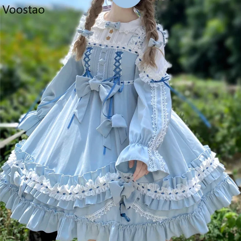 Original Japanese Sweet Lolita Op Dress Women Cute Little Star Ruffles Long Sleeve Princess Dress Female Kawaii Tea Party Dress