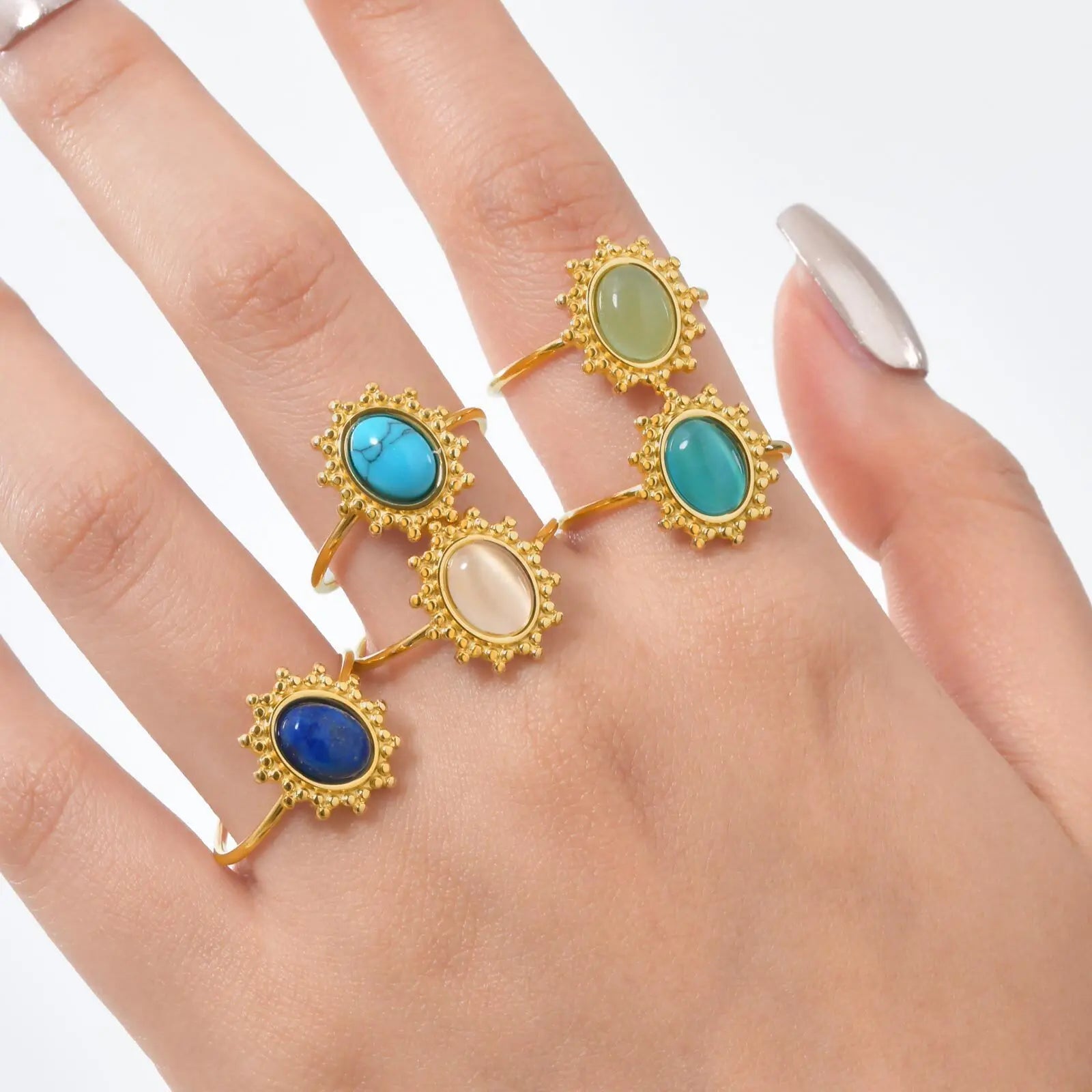 Vnox Stainless Steel Sun Turquoise Opal Rings For Women Gold Color Oval Round Opal Rings Aesthetic Ring Jewelry Wedding Party