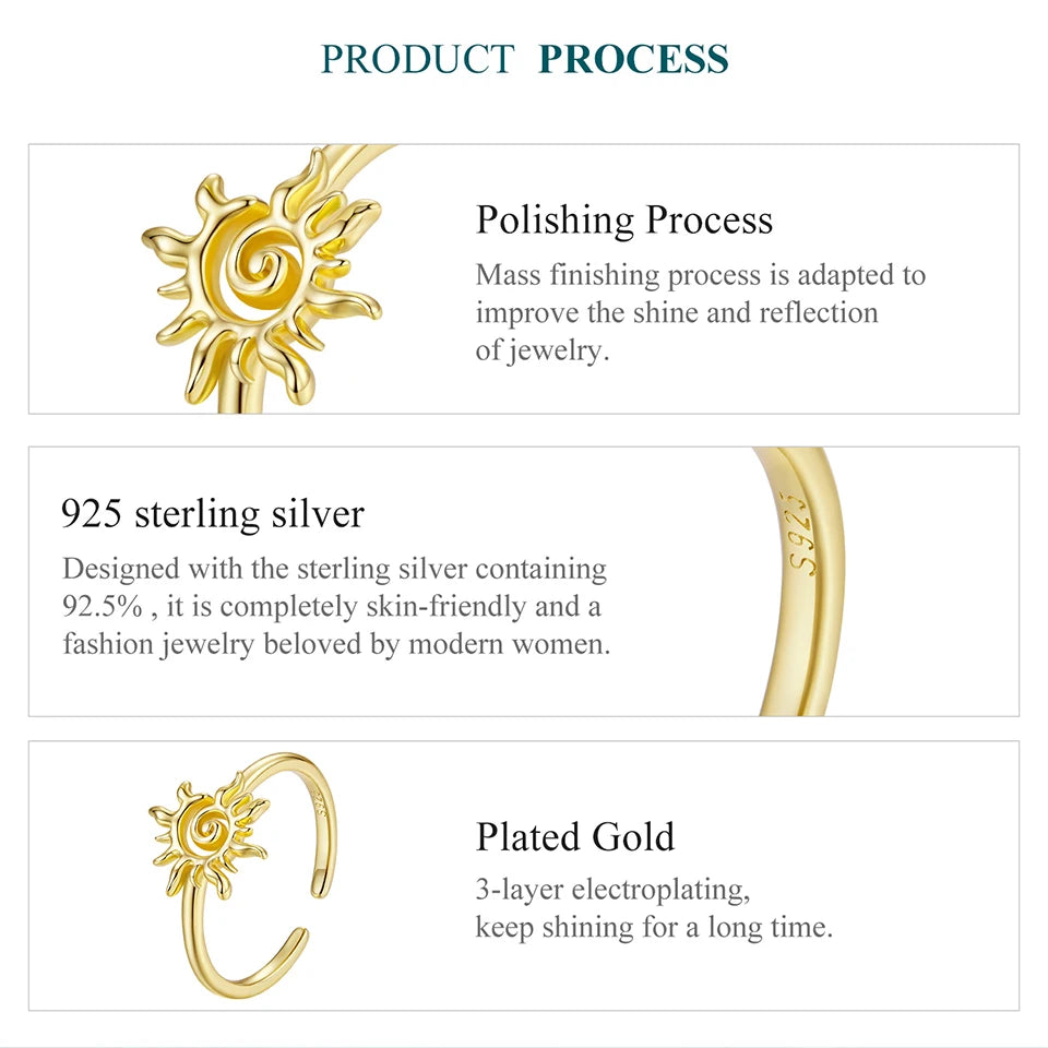 WOSTU 925 Sterling Sliver Golden Sun Open Ring For Women , 18K Gold Plate Sun Adjustable Rings Stacking Xmas Holiday Punk Gift