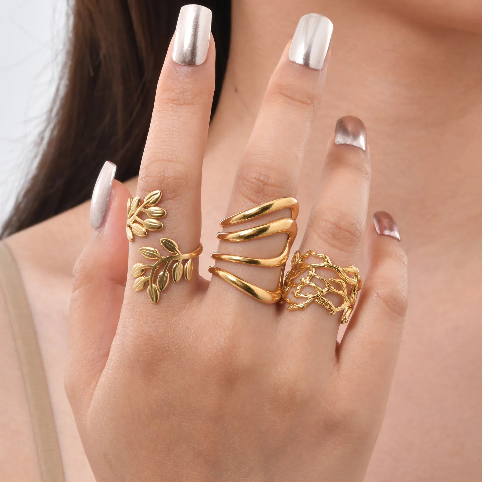 Vnox New Design Irregular Unusual Ring For Women,Stainless Steel Female Fashion Daily Party Jewelry,Aesthetic Style Finger Ring