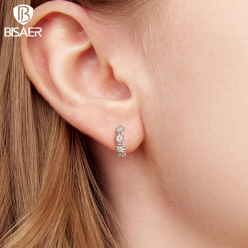 BISAER 925 Sterling Silver Daisy Hoop Earrings Two-tones  Minimalist Earrings 14K Gold Plated for OL Women Party Fine Jewelry