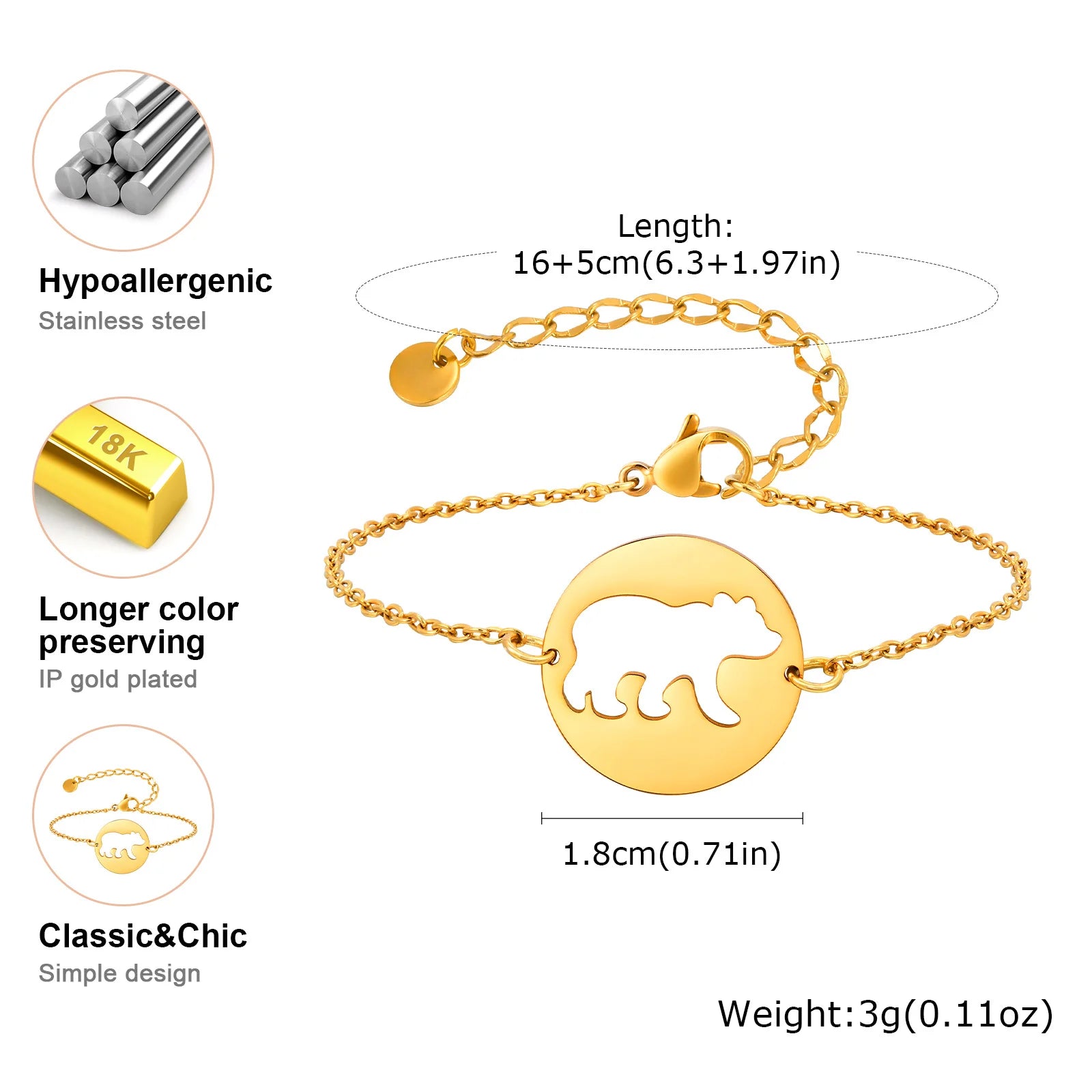Vnox Stainless Steel Hollow Bear Bracelet For Mother And Daughter Gold Color Round Accessories Hand Jewelry Chain Bracelets