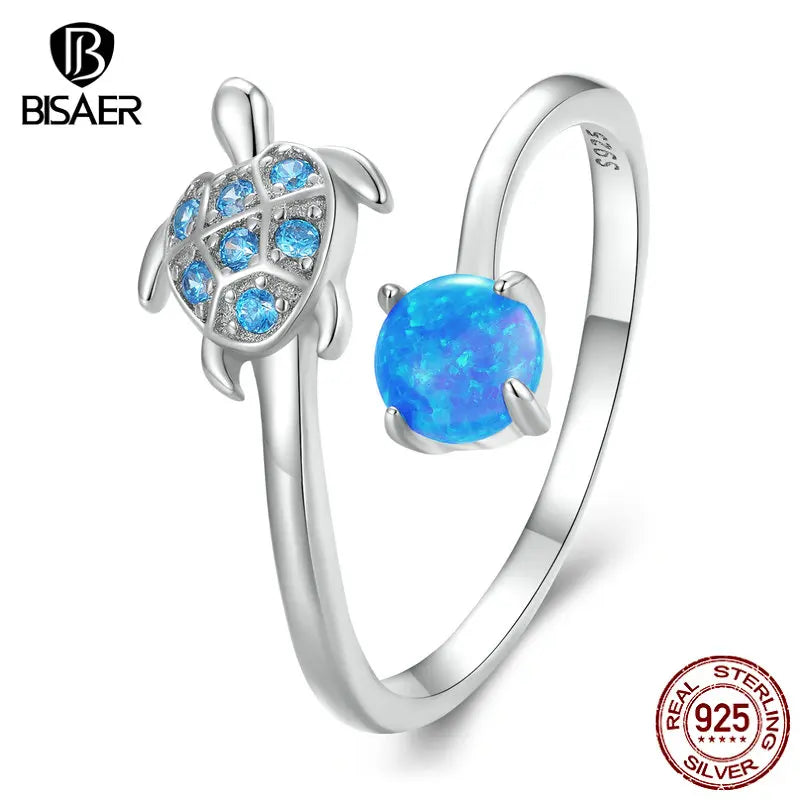 BISAER 925 Sterling Silver Turtle Open Rings Blue Opal Marine Animal Band Adjustable for Women Party Fine Jewelry Holiday Gifts