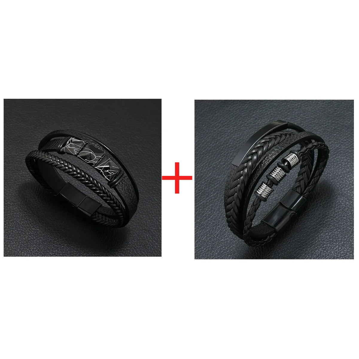 New Men's Leather Braided Bracelet Crack Pyramid Alloy Magnet Buckle Multilayer Leather Bracelet Bracelet