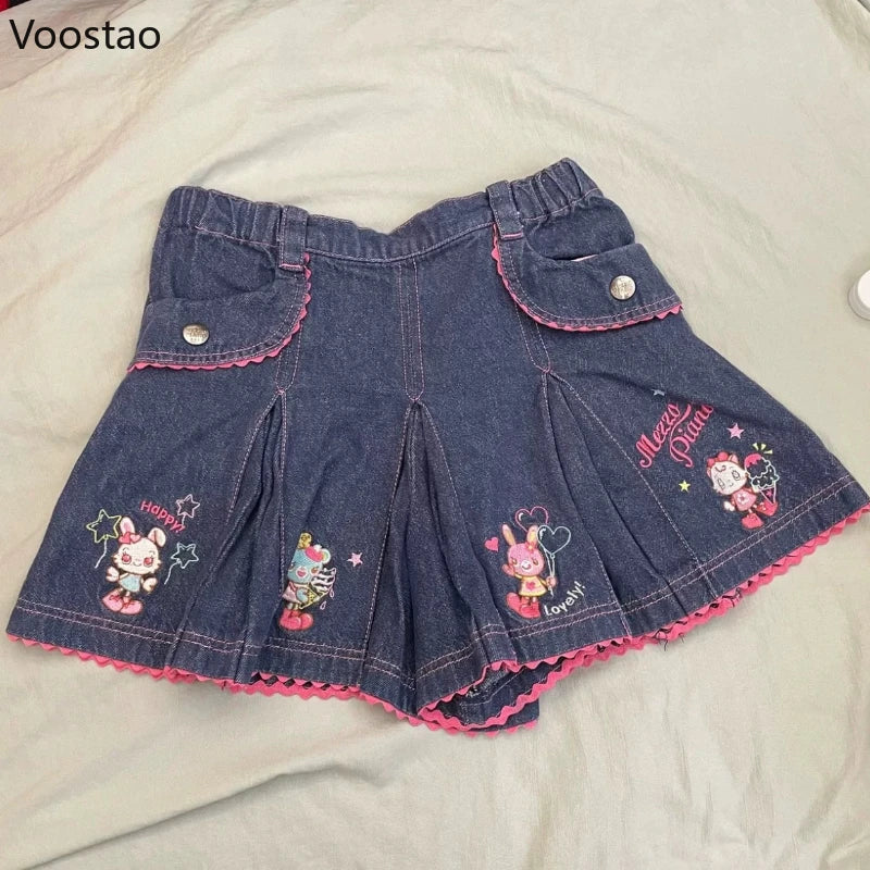 Japanese Kawaii Lolita Style Denim Skirt Women Sweet Cartoon Bunny Embroidery Mini Skirts Y2k Aesthetic Cute Party Short Skirt