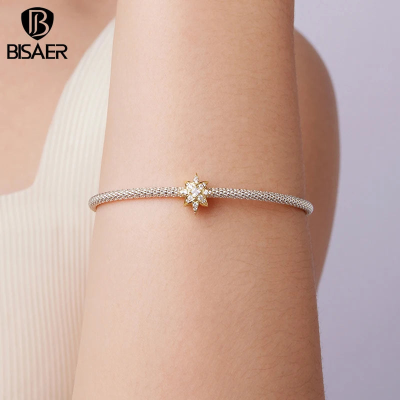 BISAER 925 Sterling Silver Starburst Charm Twinkle Star Bead Plated Gold for Women DIY Bracelet & Necklace Fine Jewelry Gift