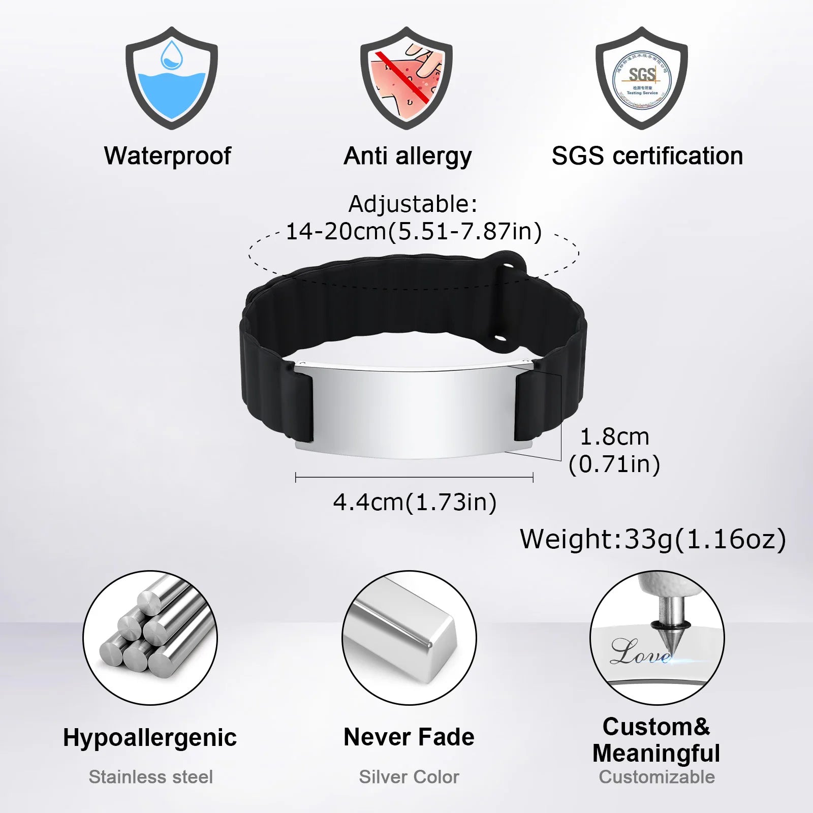 Vnox Soft Comfortable Band Bracelet Gift for Men Dad,Free Custom Steel Bangle, Adjustable Waterproof Magnet Silicone Wristband
