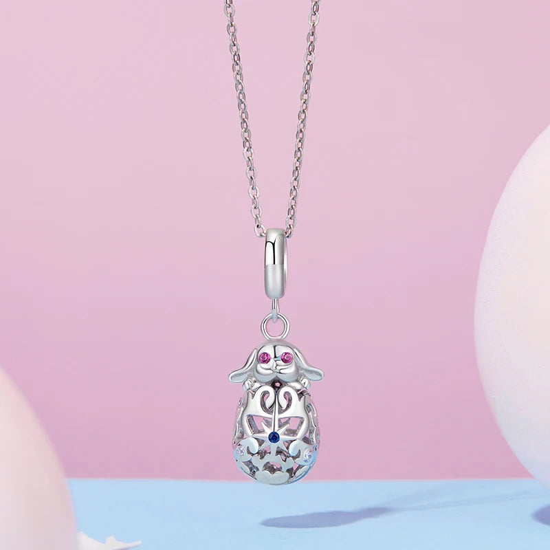 WOSTU 925 Silver Easter Rabbit with Egg Charm Heart Rabbits Pendant Moonstone Safety Chain Fit Bracelet Girl Daughter DIY Gifts