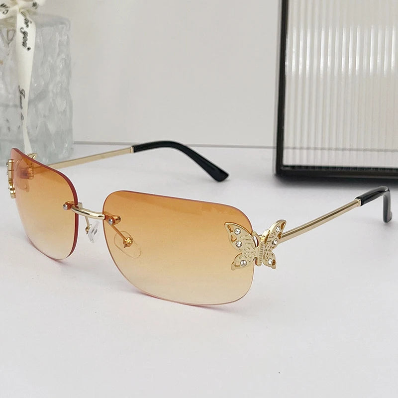2025 Y2K Luxus Marke Designer Randlose Quadratische Sonnenbrille Frauen Für Weibliche Trendy Sonnenbrille Diamant Schmetterling Punk Shades UV400