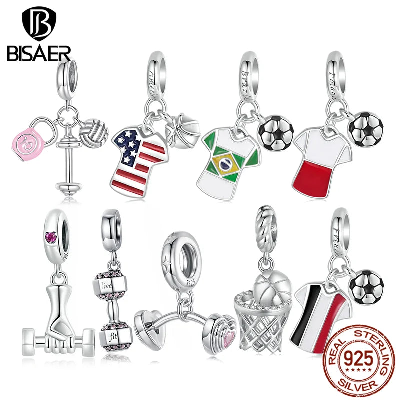 BISAER 925 Sterling Silver Kettlebell Volleyball Dumbbell Pendant Basketball Charm Bead For Women DIY Bracelet Fine Jewelry Gift