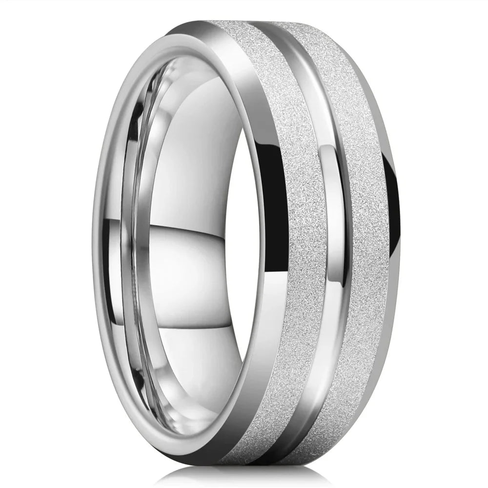 Trendy 8mm Men Frosted Stainless Steel Rings Silver Color Brushed Groove Beveled Edge Engagement Rings For Men Wedding Jewelry