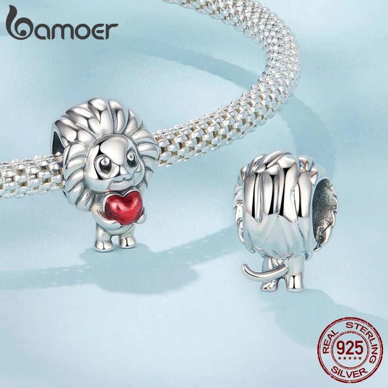 Bamoer Löwenanhänger aus 925er Sterlingsilber mit rotem Herz und Zirkonia-Perlen – niedliche Tierperlen für Damenarmbänder, DIY-Geschenkidee