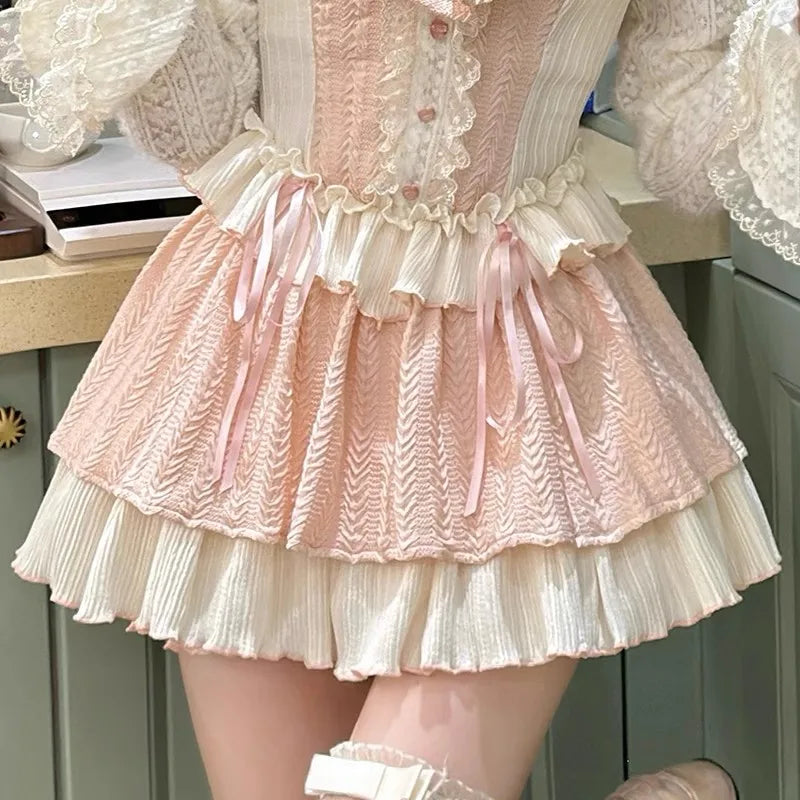 Sweet Lolita Style Skirt Sets Women Kawaii Bow Lace Ruffles Long Sleeve Off Shoulder Tops Y2k Cake Skirt Suit Pink 2 Piece Set