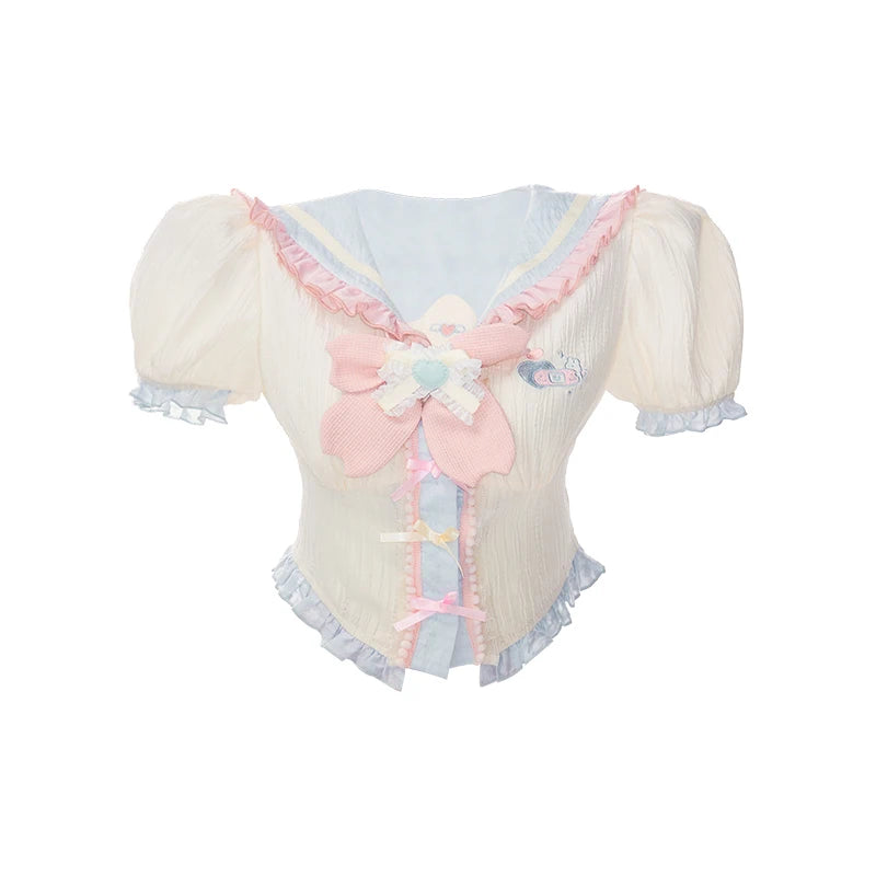 Kawaii Lolita Style Skirt Set Women Sweet Bow Short Sleeve Blouse Crop Tops Mini Skirts Suit Female Korean Fashion 2 Piece Sets