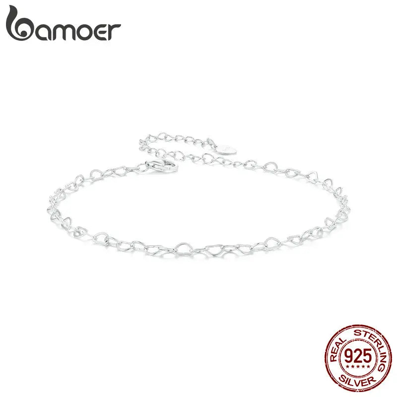Bamoer 925 Sterling Silver Heart Chain Anklet Simple Chain Foot Jewelry for Women White Gold Plated Summer Jewelry BST007