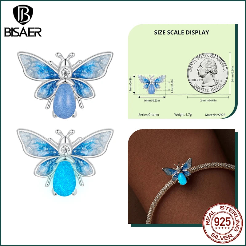 BISAER 925 Sterling Forever Luminous Star Wishing Bottle Charm Bead Moon Cat Owl Pendant Fit Women DIY Bracelet Fine Jewelry