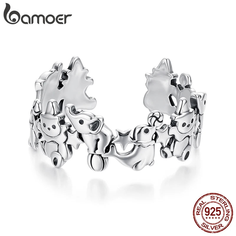 BAMOER Solid 925 Sterling Silver Cute Elephant Dolphin Ring for Women, Funny Open Circus Animal Ring SCR1130