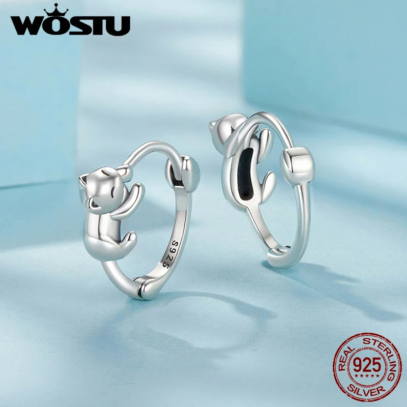 WOSTU Solid 925 Sterling Silver Cat Hoop Earrings For Women Lovely Pet Animal Ear Hoops Birthday Gift For Girl Daughter