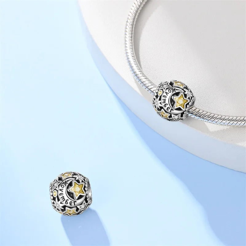 Genuine 925 Silver 12 Month Round Star Shining Zircon Charms Beads Fit 3mm 925 Original Bracelets Fine DIY Birthday Jewelry