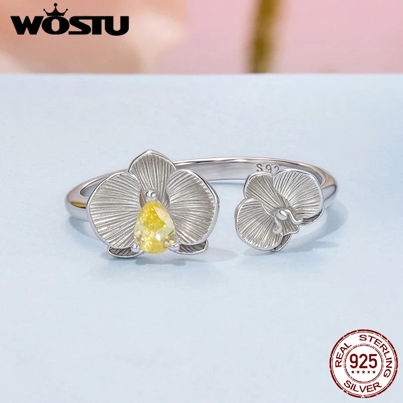 WOSTU 925 Silver Yellow Zircon  Flower Open Ring Citrine Stud Earrings For Women Wedding Jewelry Set Girl Mom's Birthday Gift