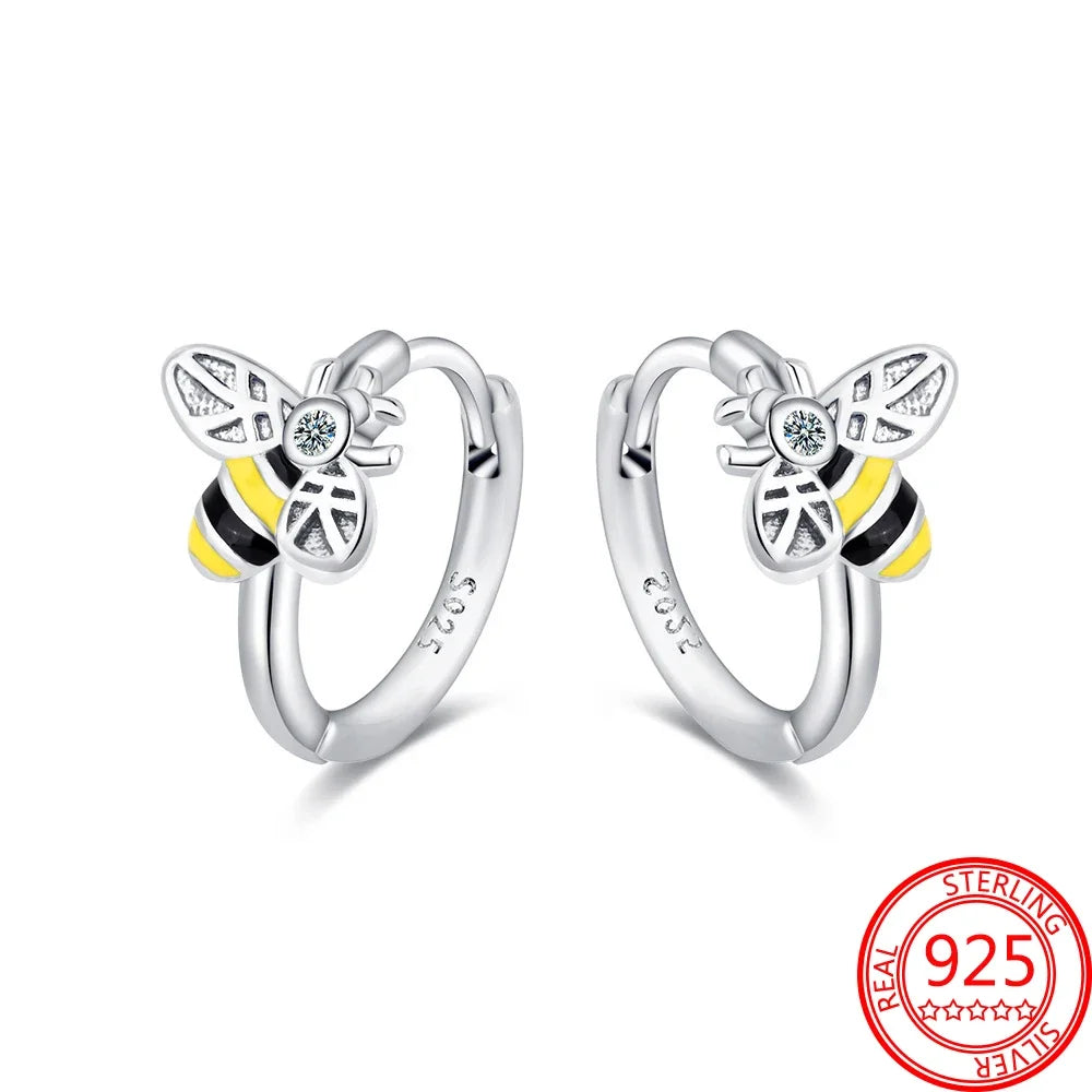 Hot Sale Bee Earrings For Girl Lovely Yellow Black Dancing Bee Happy S925 Hoop Earrings Birthday Gift Silver Jewelry