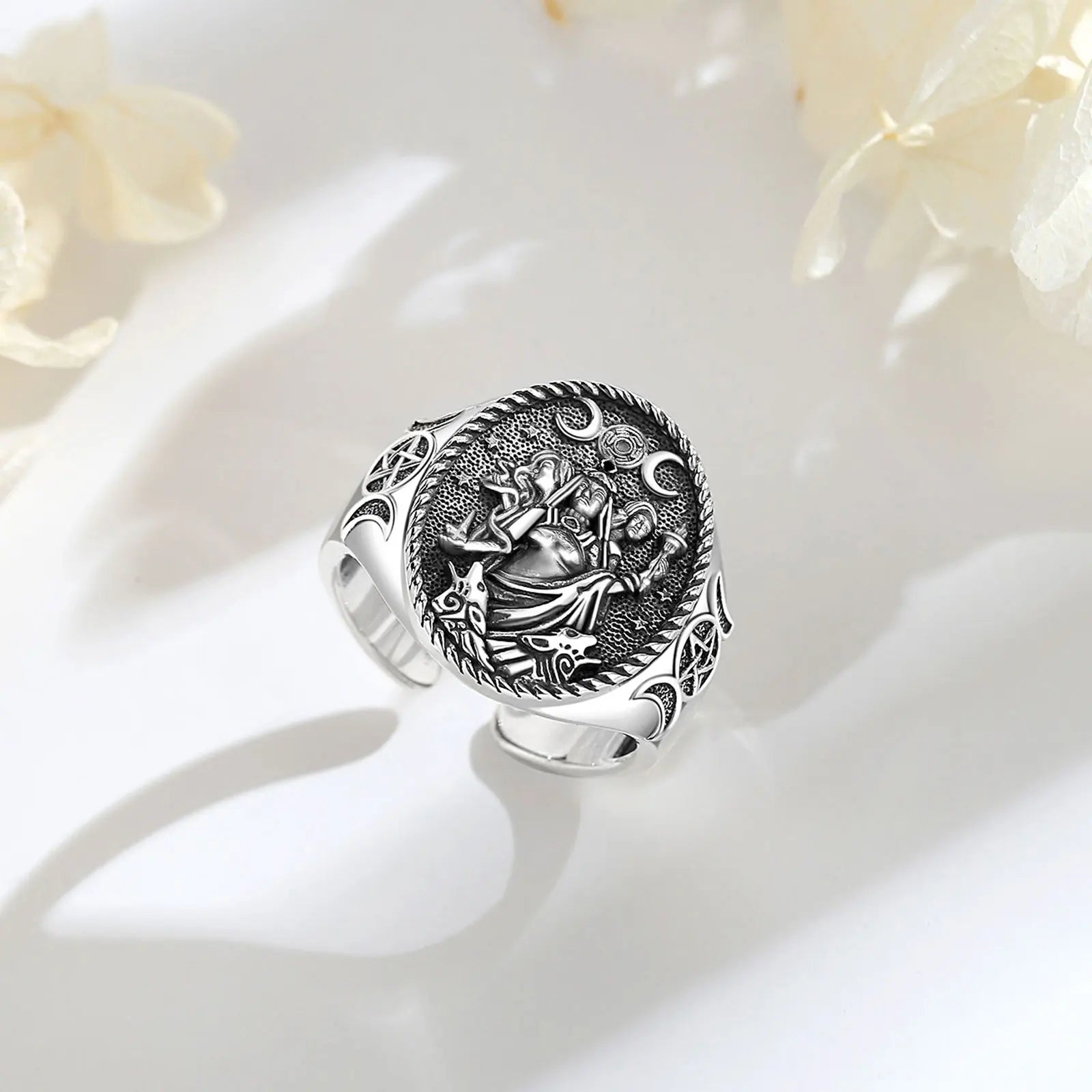Eudora 925 Sterling Silver Triple Moon Goddess Adjustable Ring Dog Hecate Amulet Ring Triple Goddess Jewelry for Women Man Gift