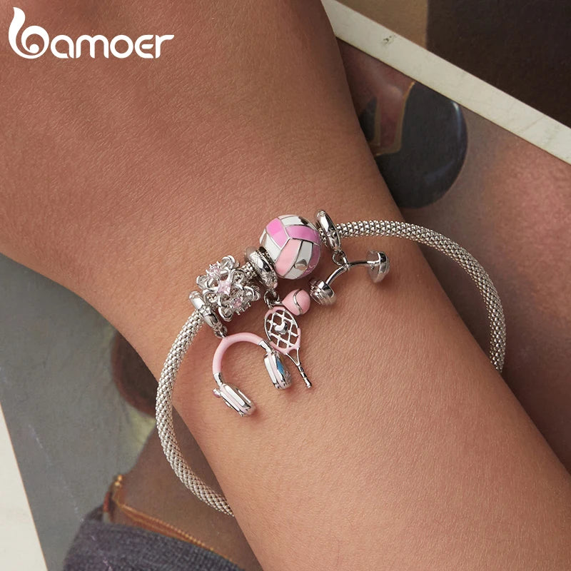 BAMOER 925 Sterling Silver Headphone Tennis Barbell Charm Pendant fit Original Bracelet DIY Jewelry Accessories bamoer Beads