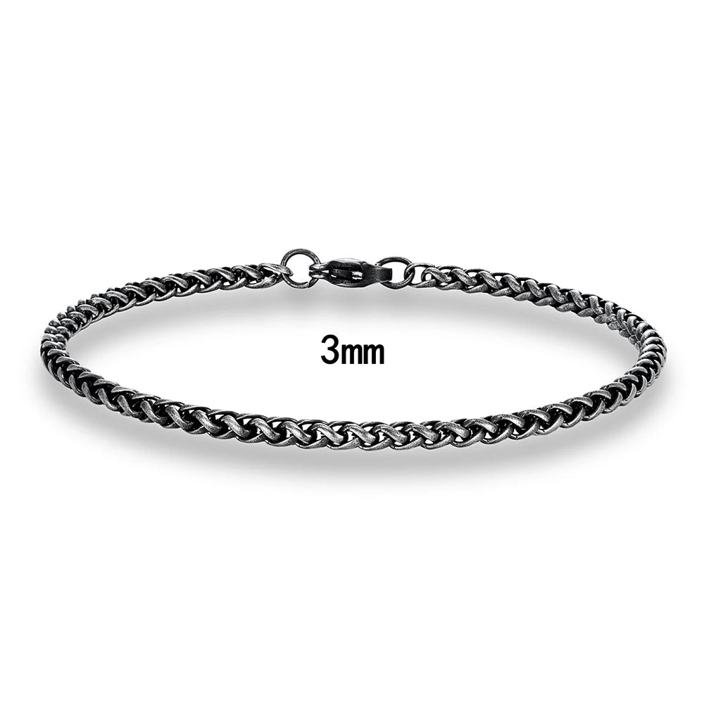 MKENDN Thickness 2/3/4/5/6mm Vintage Oxidized Black Wheat Braided Stainless Steel Bracelet Classic Curb Link Chain for Men Women